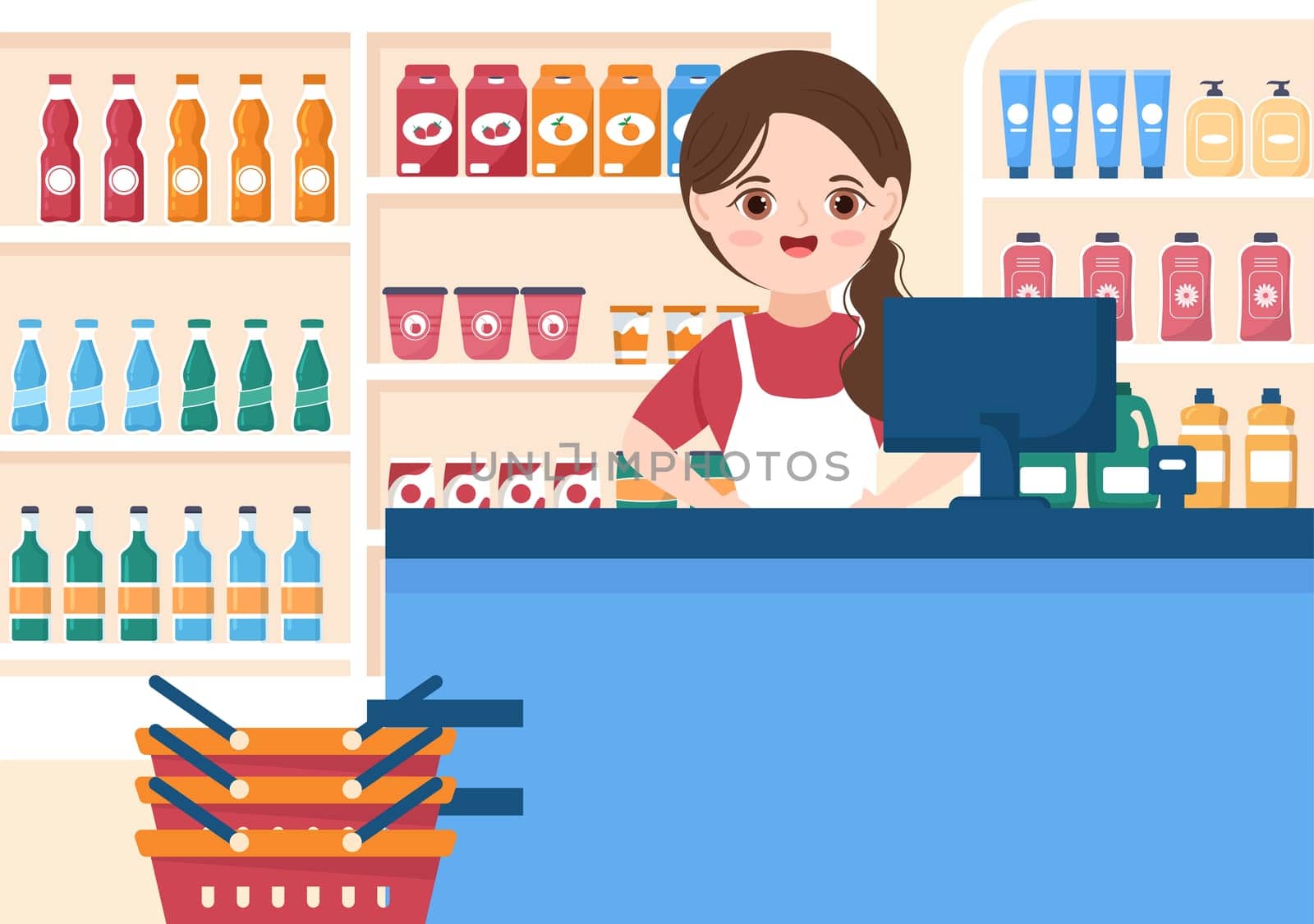 Grocery Store or Supermarket with Food Product Shelves, Racks Dairy, Fruits and Drinks for Shopping in Flat Cartoon Hand Drawn Templates Illustration