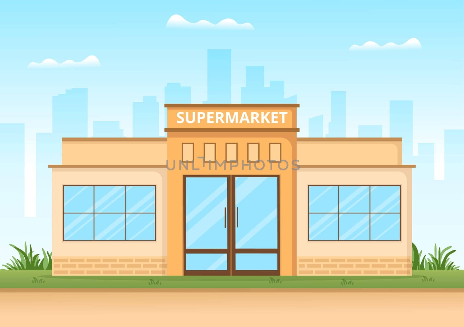 Grocery Store or Supermarket with Food Product Shelves, Racks Dairy, Fruits and Drinks for Shopping in Flat Cartoon Hand Drawn Templates Illustration