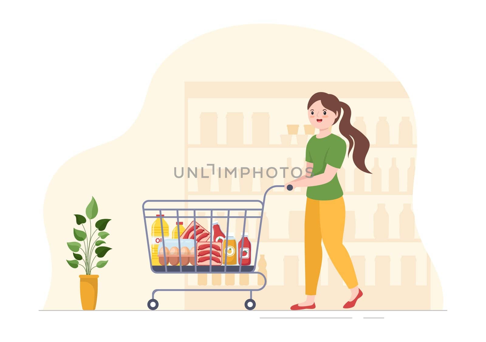 Grocery Store or Supermarket with Food Product Shelves, Racks Dairy, Fruits and Drinks for Shopping in Flat Cartoon Hand Drawn Templates Illustration