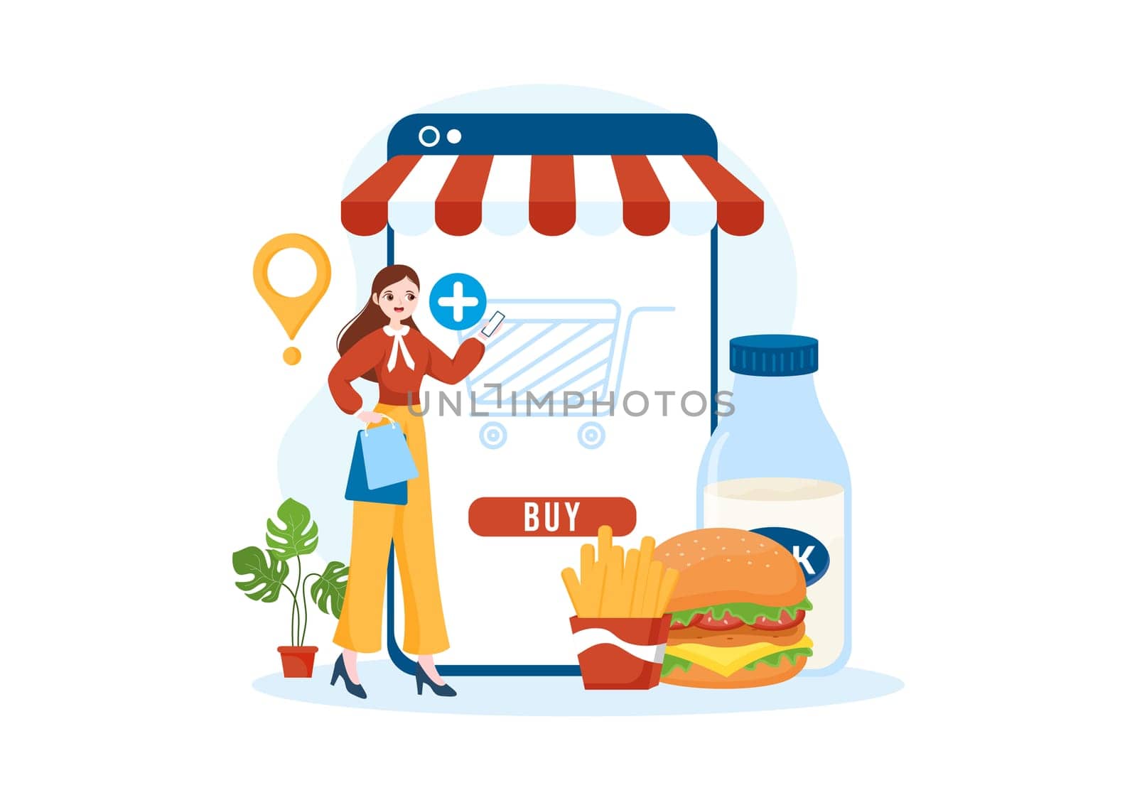 Online Grocery Store or Supermarket to Order Daily Necessities or Food via the App in Flat Cartoon Hand Drawn Templates Illustration