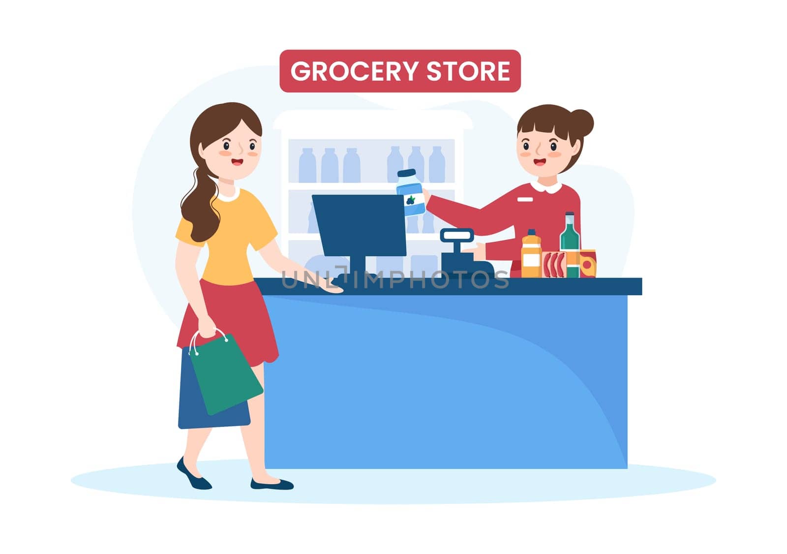 Grocery Store or Supermarket with Food Product Shelves, Racks Dairy, Fruits and Drinks for Shopping in Flat Cartoon Hand Drawn Templates Illustration