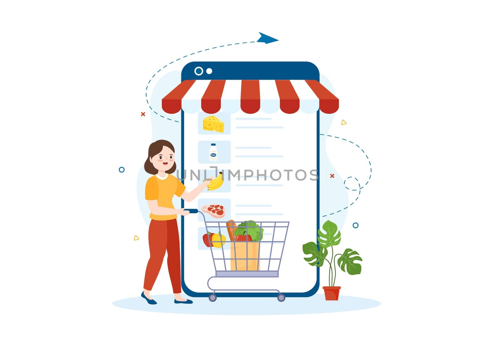 Online Grocery Store or Supermarket to Order Daily Necessities or Food via the App in Flat Cartoon Hand Drawn Templates Illustration