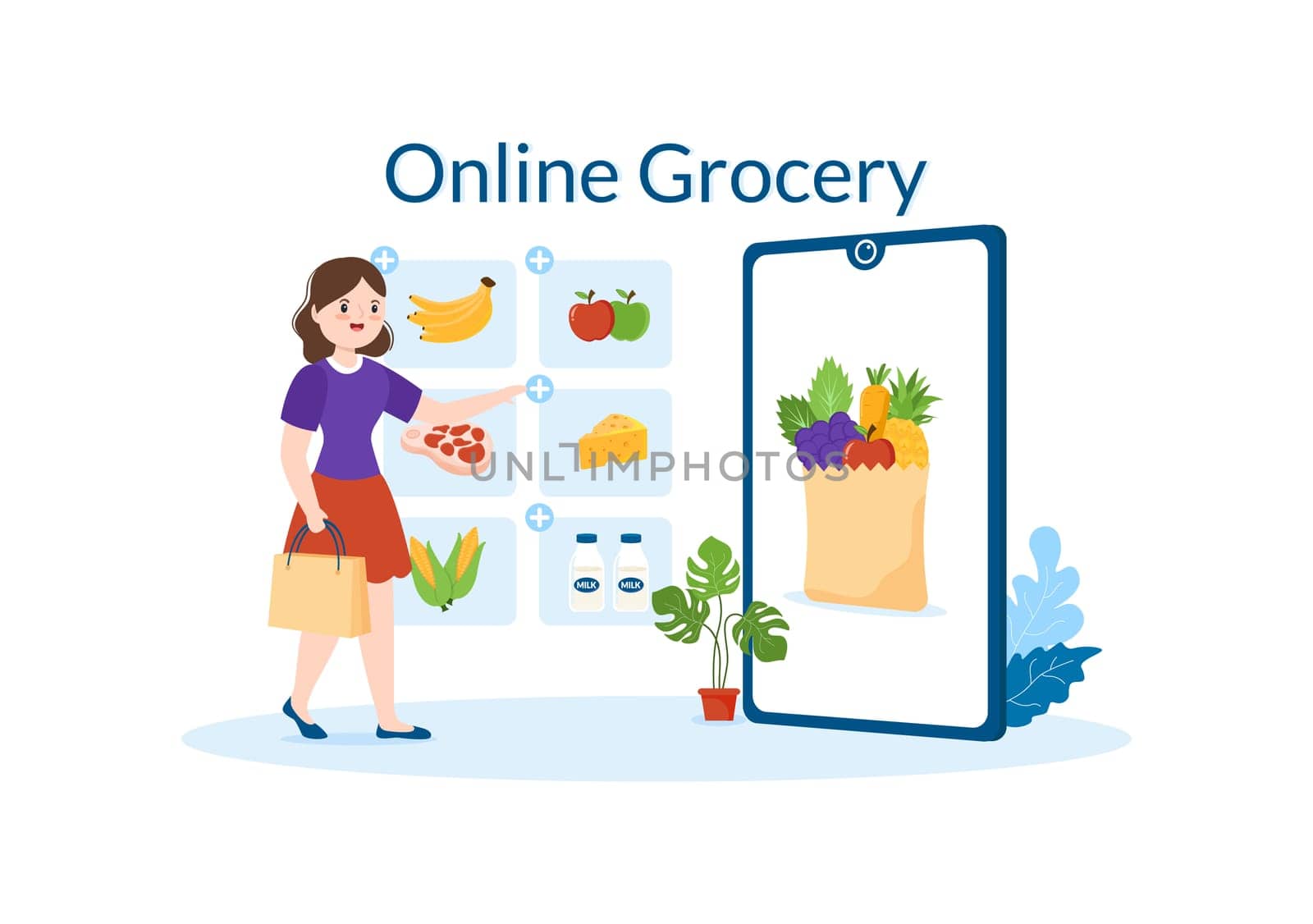 Online Grocery Store or Supermarket to Order Daily Necessities or Food via the App in Flat Cartoon Hand Drawn Templates Illustration
