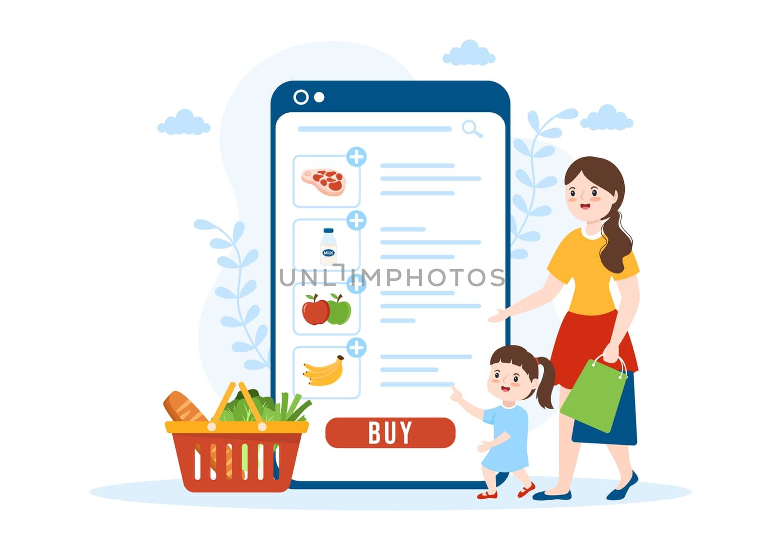 Online Grocery Store or Supermarket to Order Daily Necessities or Food via the App in Flat Cartoon Hand Drawn Templates Illustration