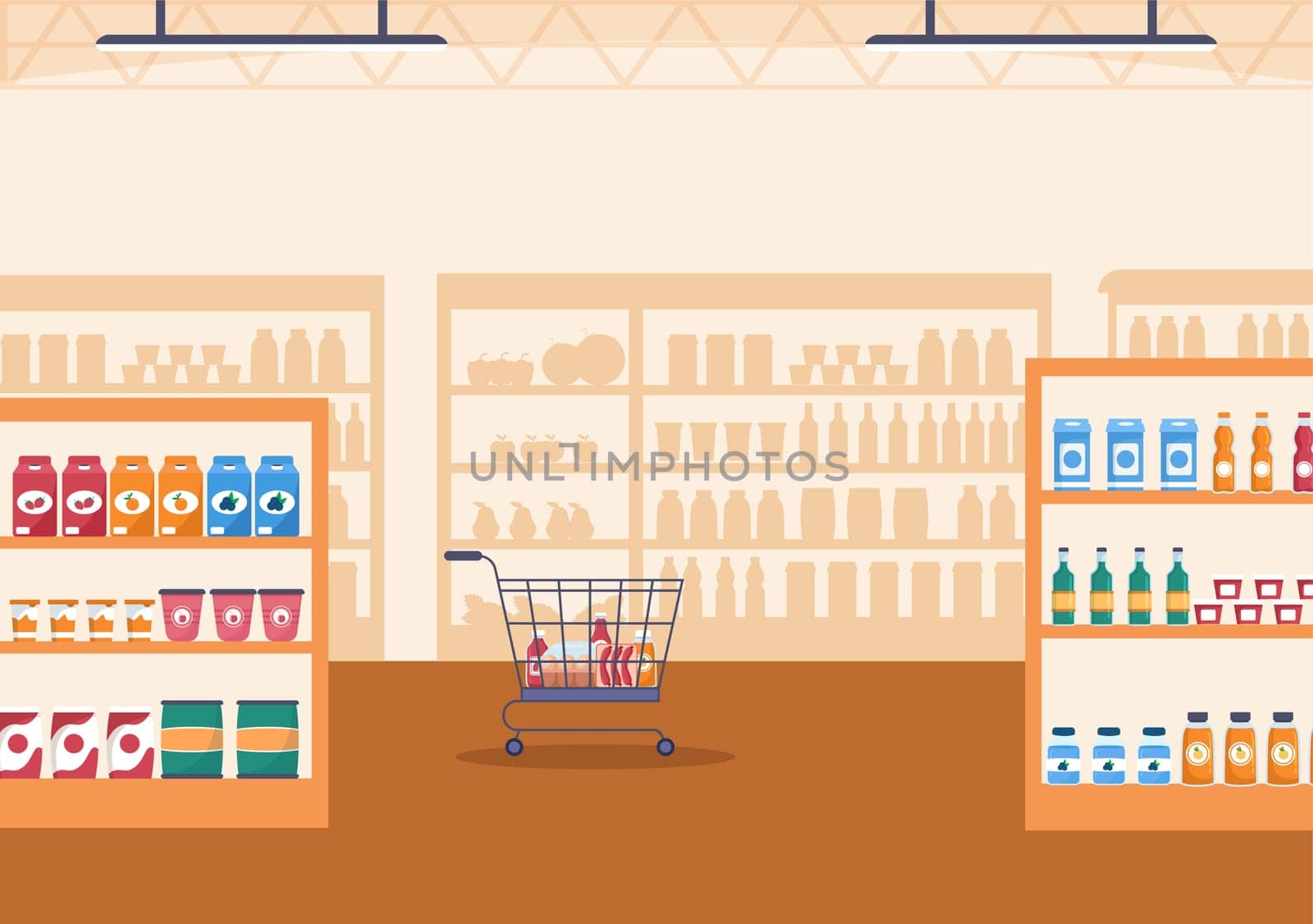 Grocery Store or Supermarket with Food Product Shelves, Racks Dairy, Fruits and Drinks for Shopping in Flat Cartoon Hand Drawn Templates Illustration