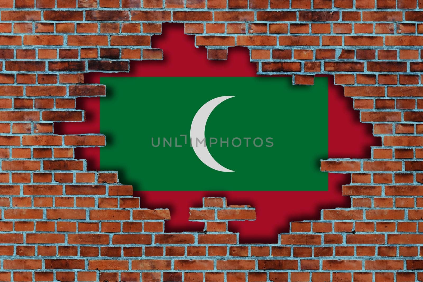 3D Flag of Maldives behind the broken old stone wall background.