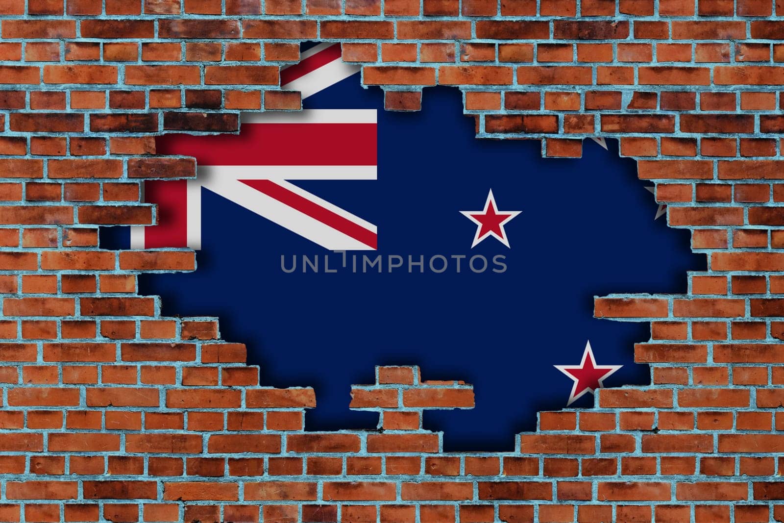 3D Flag of New Zealand behind the broken old stone wall background.
