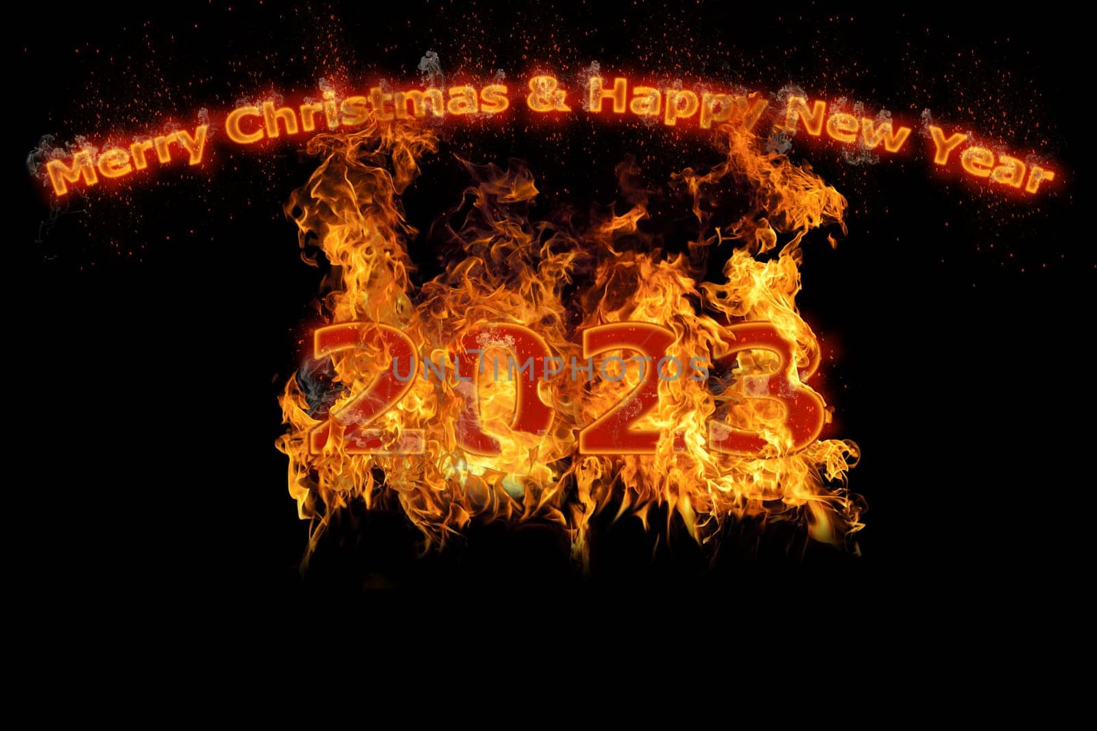 3D illustration New Year concept 2023 design with text fire design on the fire was burning.