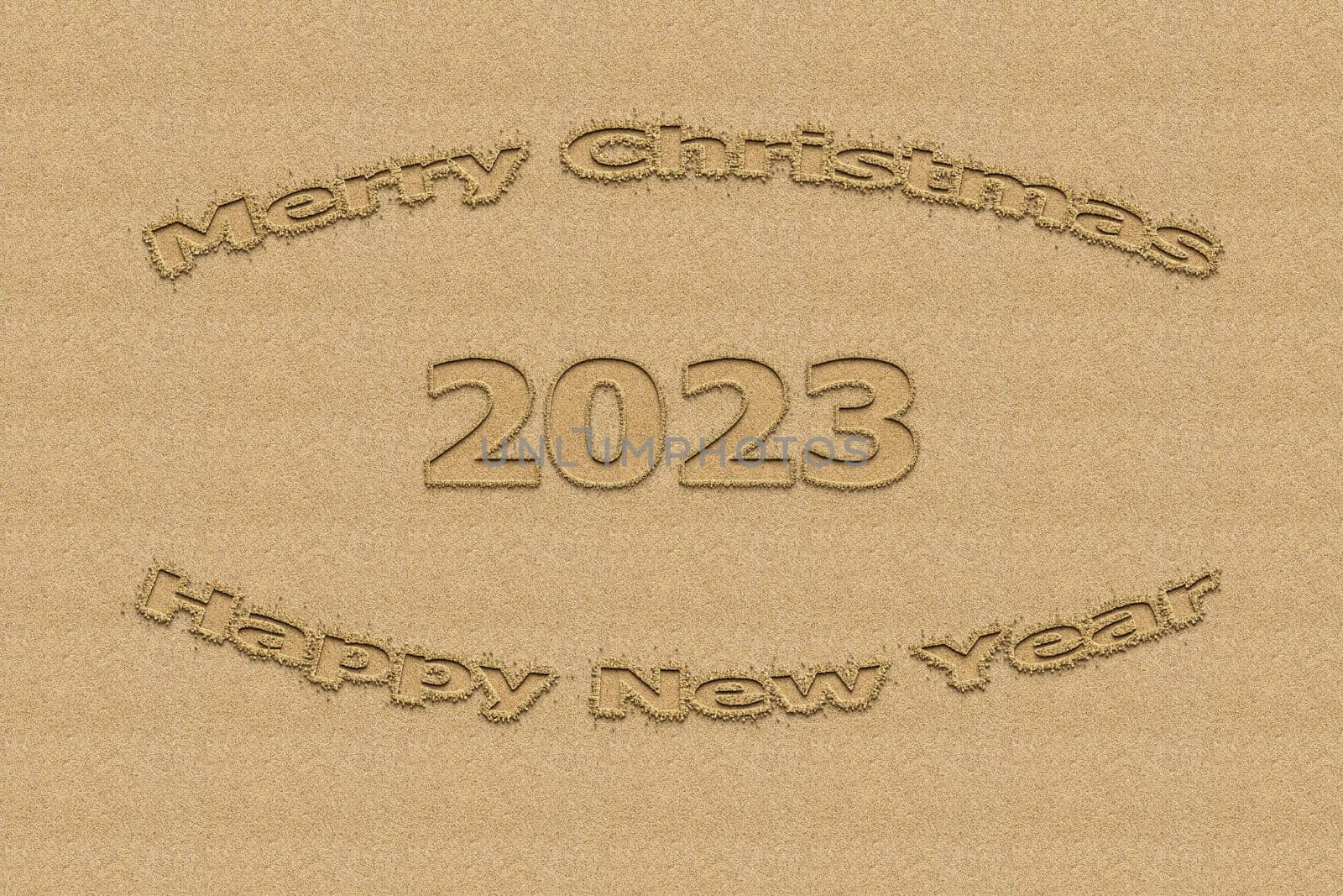 3D illustration New Year concept 2023 design with text sand design.