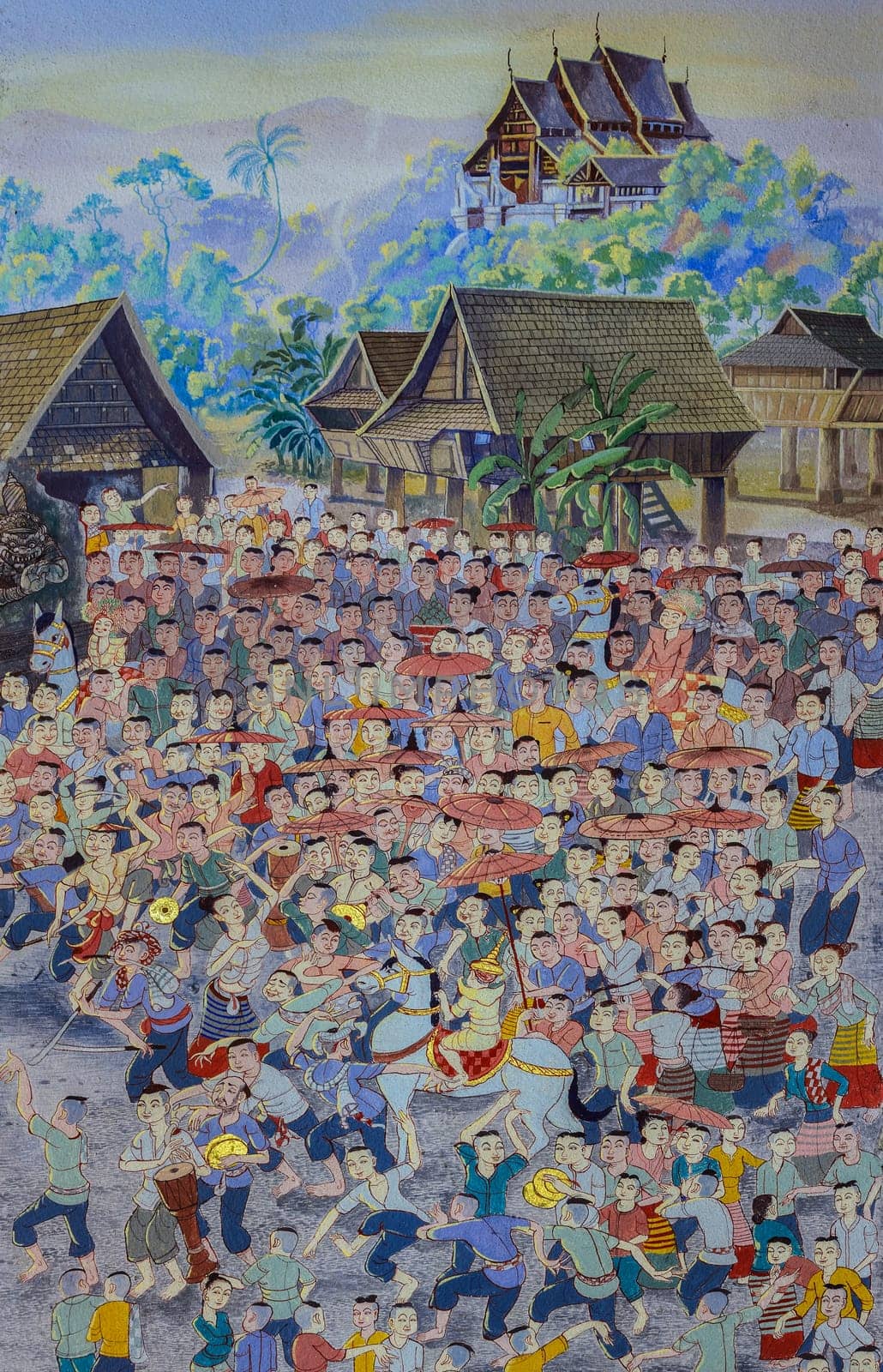 CHIANG MAI,THAILAND - OCTOBER 27, 2014 : Thai Lanna mural painting of Buddhist novice ordination ceremony (Poy Sang Long festival) on temple wall of Wat Chaimongkol Temple in Chiang Mai, Thailand.