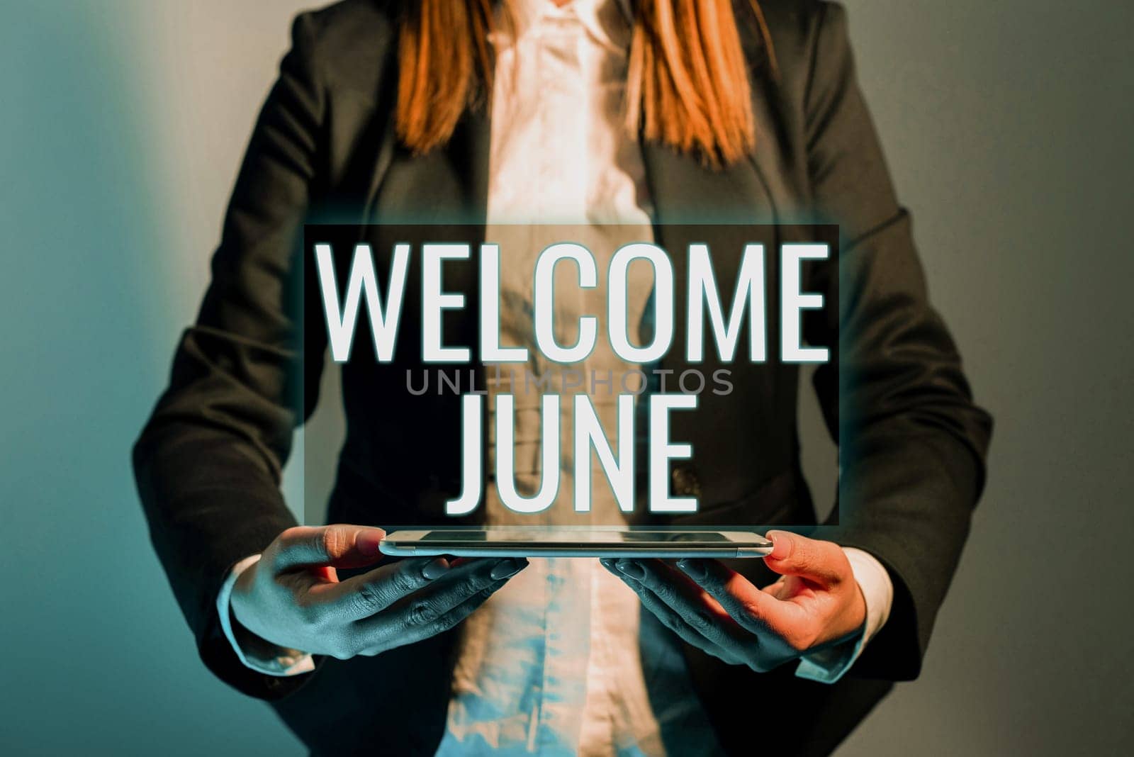 Text caption presenting Welcome June, Business showcase Calendar Sixth Month Second Quarter Thirty days Greetings