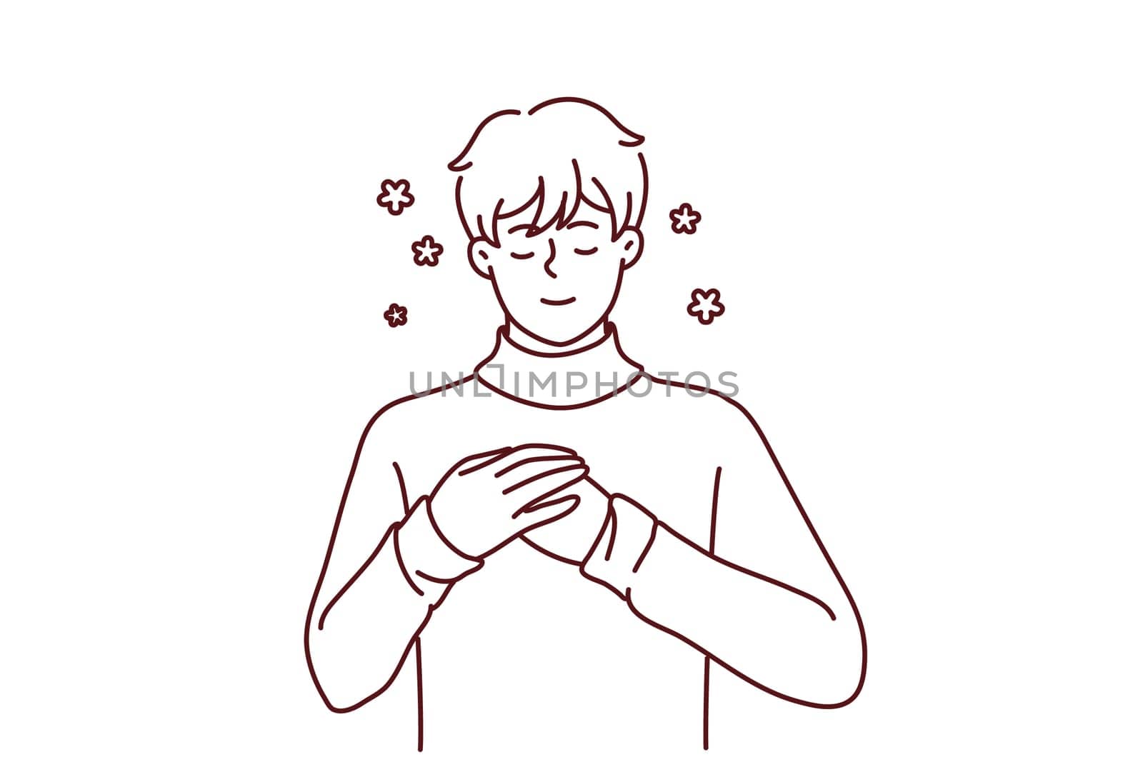 Happy young man with hands on chest feel positive and optimistic. Smiling guy enjoy good mental health and recovery. Vector illustration.