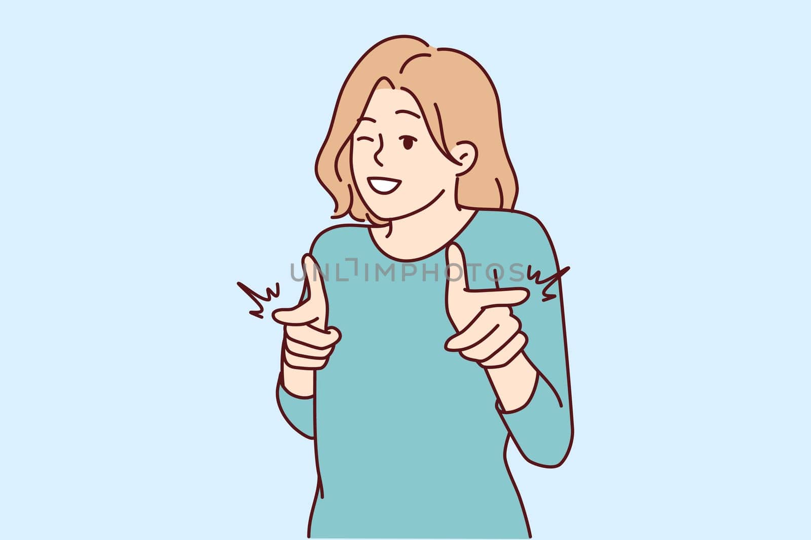 Smiling woman point at screen make choice. Happy female show with fingers at camera make I choose you gesture. Vector illustration.