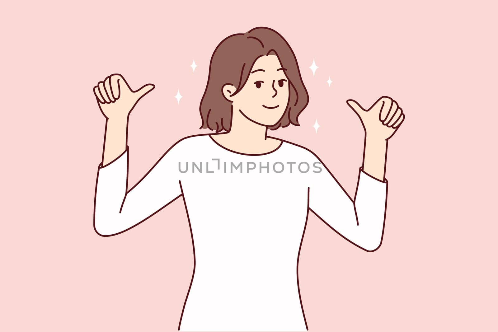 Happy young woman show thumbs up pointing at her. Smiling female feel confident and successful recommend candidature. Vector illustration.