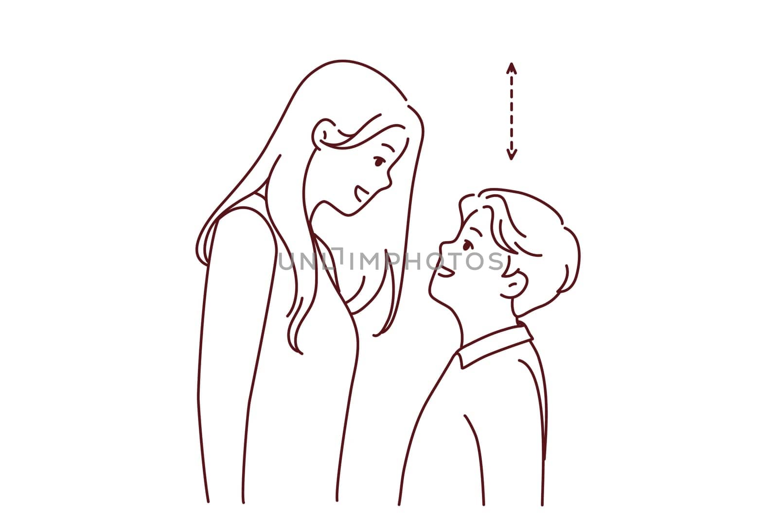Couple with different height look in eyes. Tall woman and short man contrasting height. Relationship problem concept. Vector illustration.