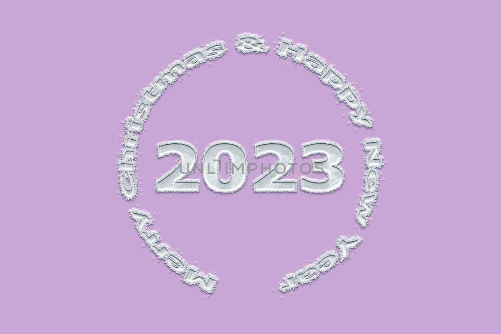 3D illustration New Year concept 2023 design with text snow design on a purple rose color background.