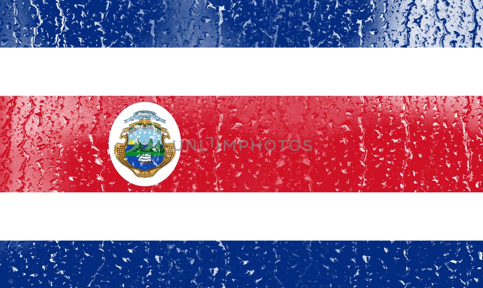 3D Flag of Costa Rica on a glass with water drop background.