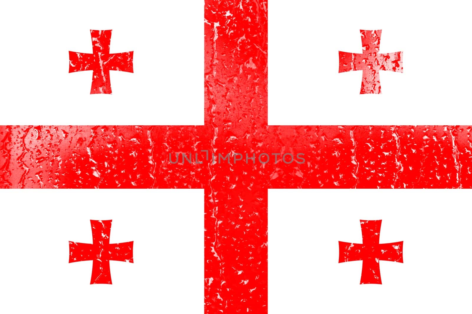 3D Flag of Georgia on a glass with water drop background.