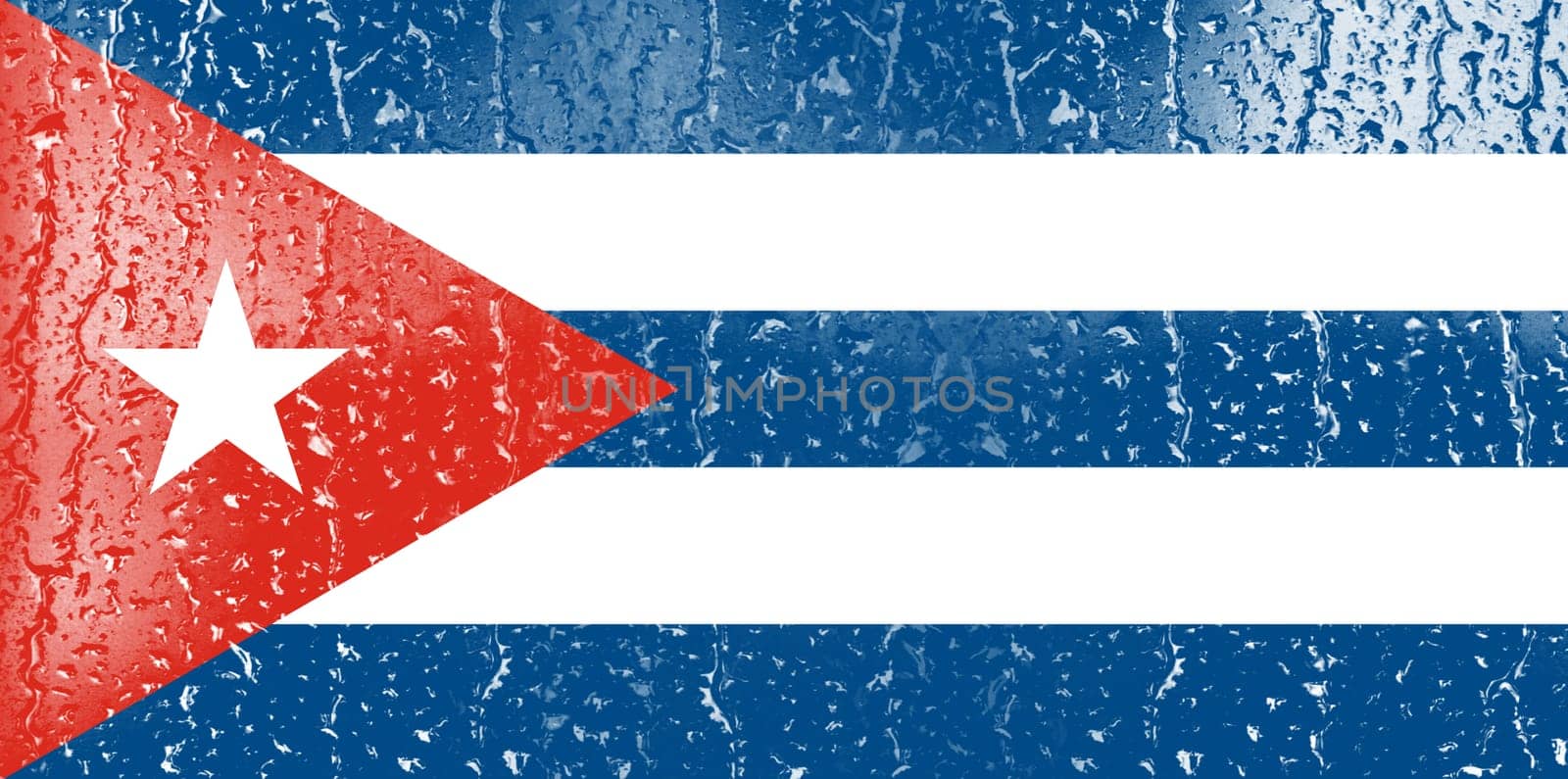 3D Flag of Cuba on a glass with water drop background.