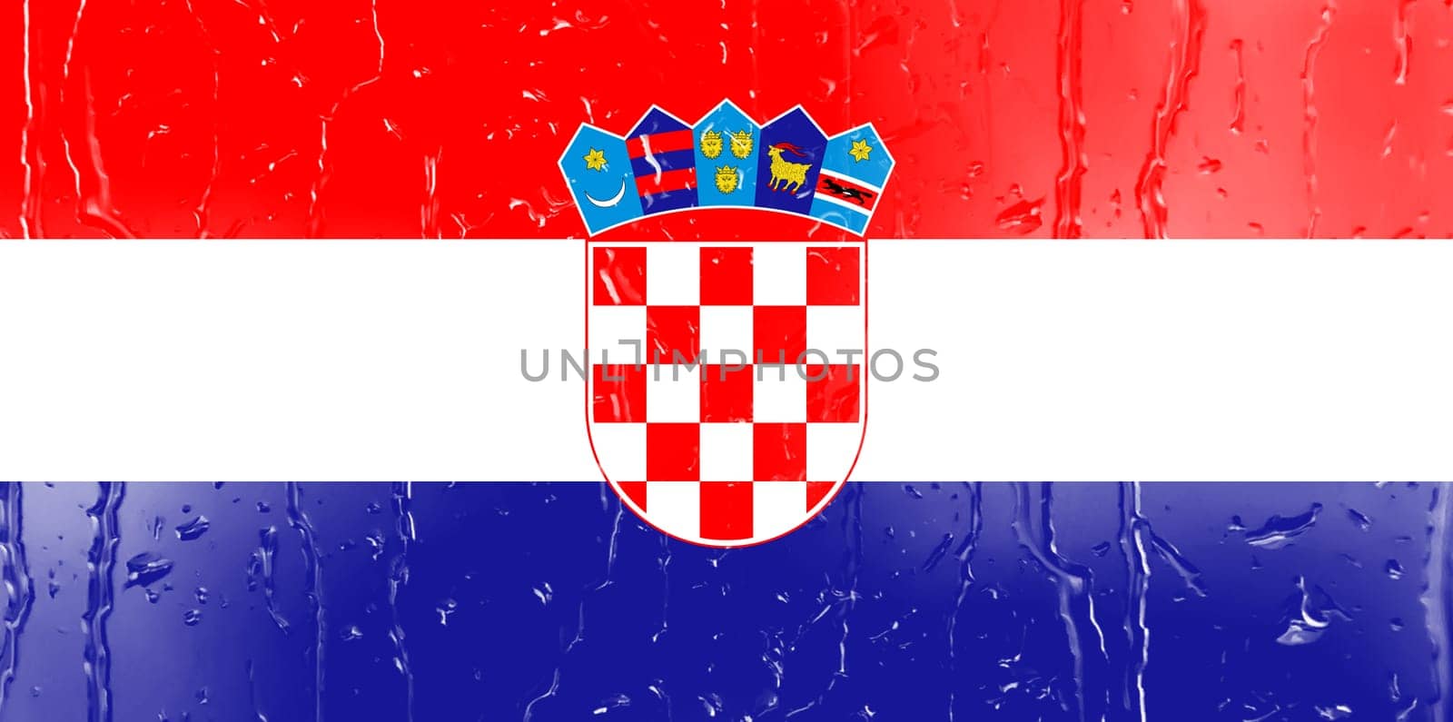 3D Flag of Croatia on a glass with water drop background.