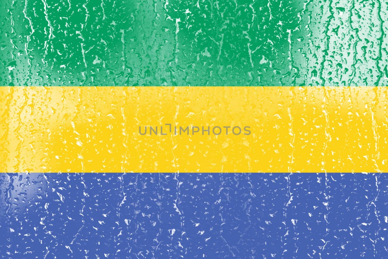 3D Flag of Gabon on a glass with water drop background.