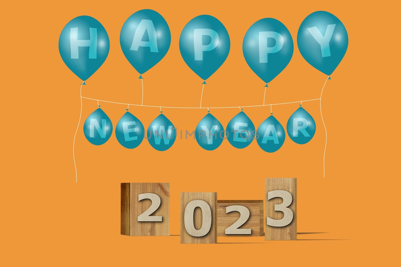 3D illustration New Year concept 2023 design with text on the wooden box and balloons on a marigold color background.