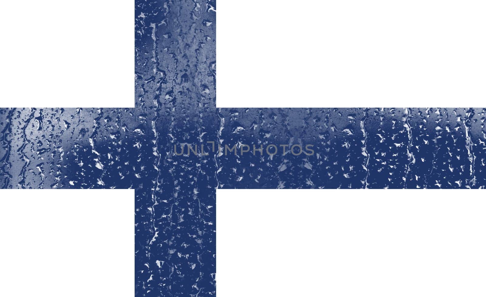 3D Flag of Finland on a glass with water drop background.