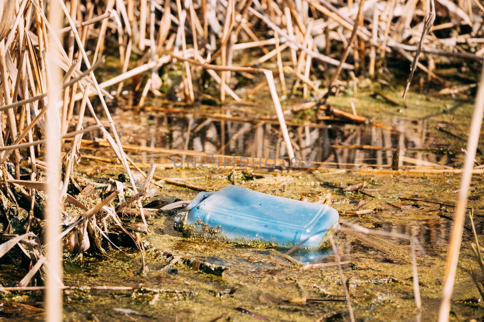 Old Plastic Canister Floats In Water Of Swamp Or Pond. Used Empty Packing Materials Left In Water. Eco Concept Garbage Disaster From Ecological Pollution Of Environment. Waste Pollution Problem.