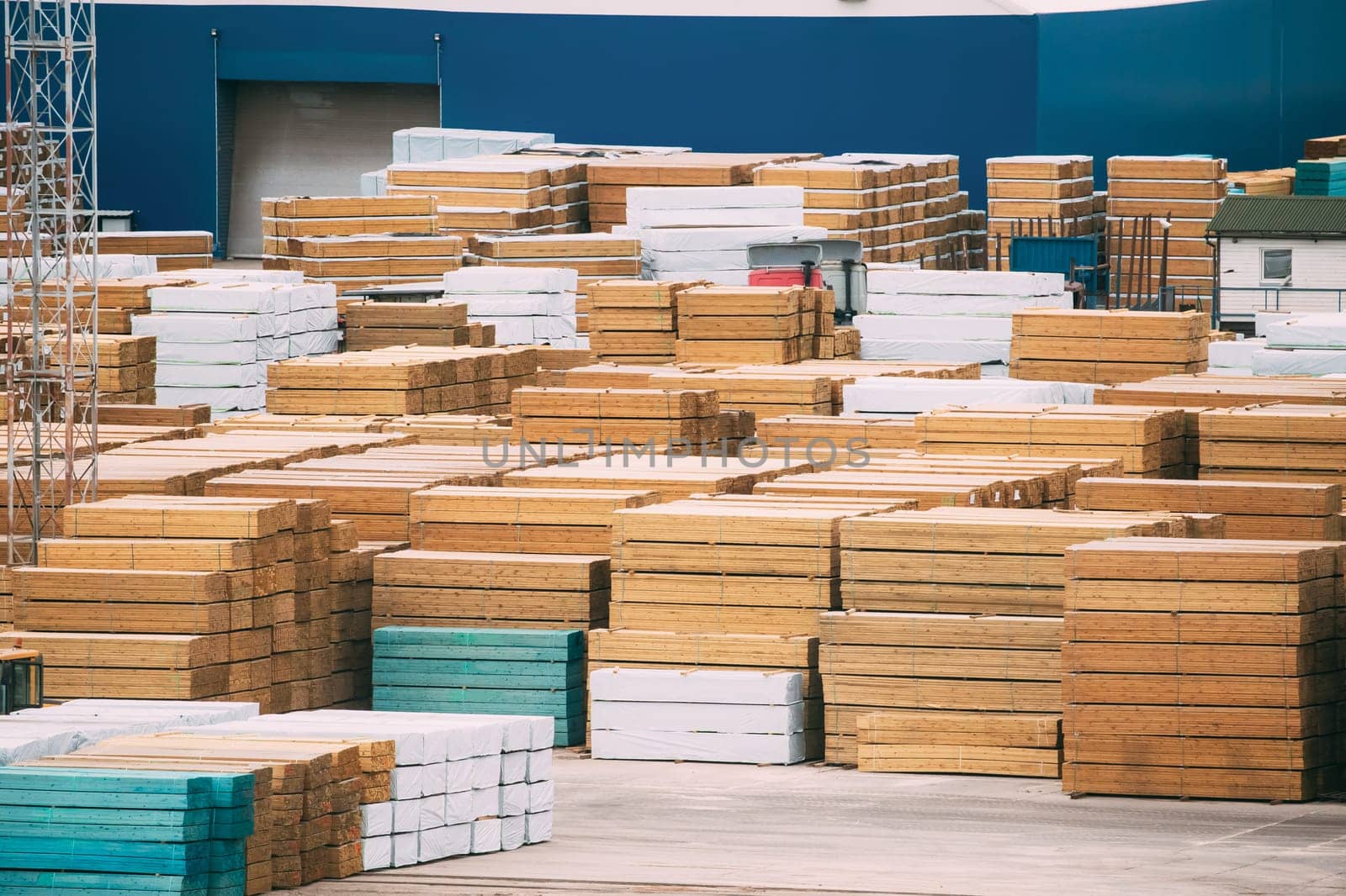 Stacked Timber In Stock. Many Industrial Lumber Material Storage Outdoors.