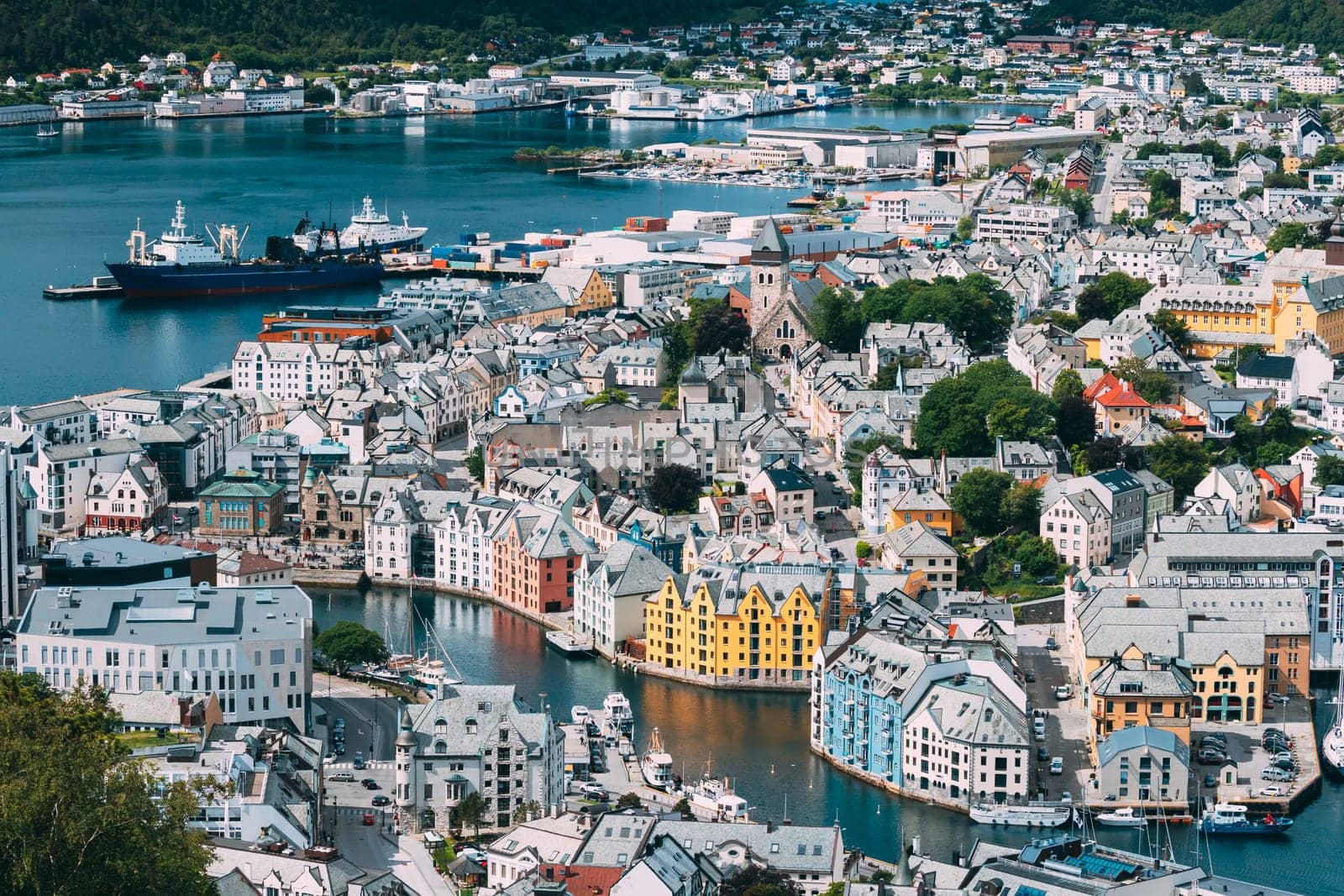 Alesund, Norway. View Of  Alesund Skyline Cityscape. Historical Center In Summer Sunny Day. Famous Norwegian Landmark And Popular Destination. Alesund, Kiven viewpoint, Mt.