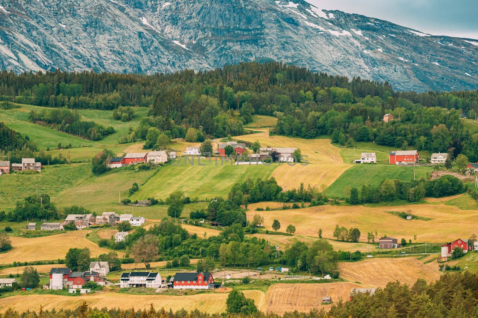 Voss, Norway. Summer Scenic Landscape With Fields And Red Farm Buildings. Traditional Norwegian Hillside Village With Old Wooden Houses.