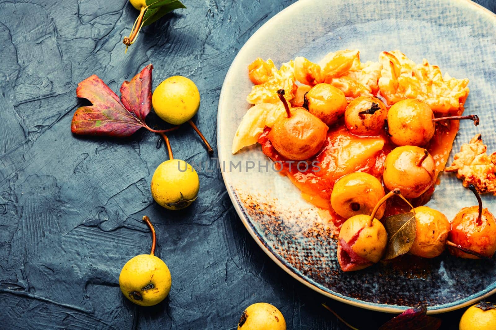 Homemade autumn pie, cake decorated with autumn pear on rustic table