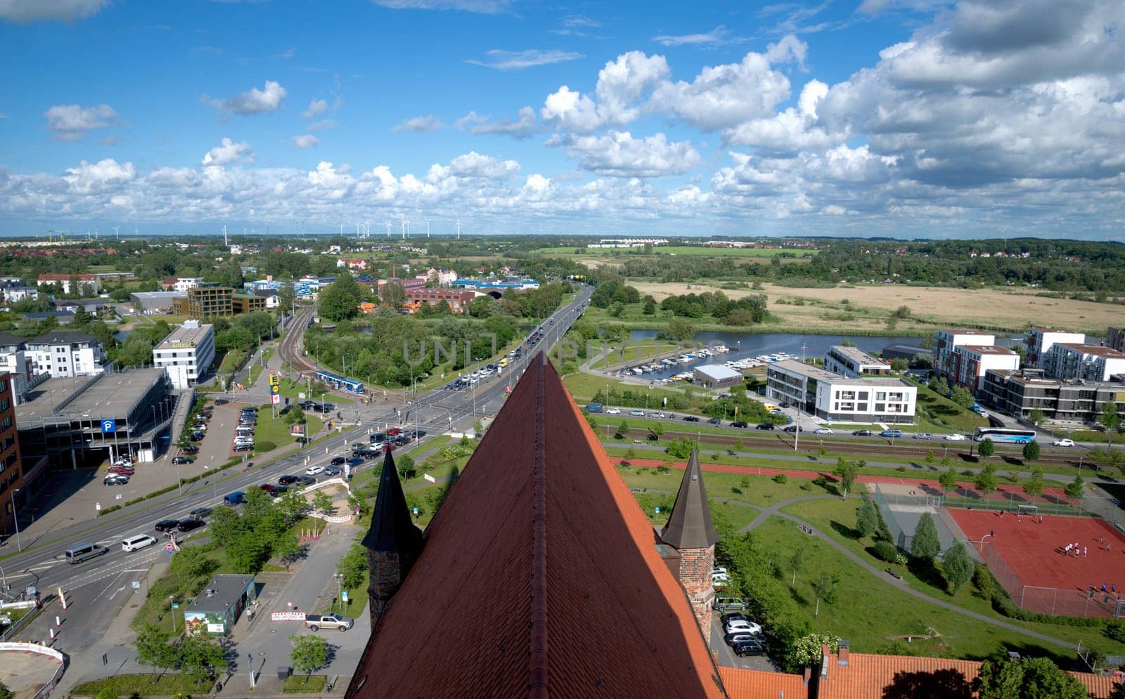 aerial view of the skyline of Rostock, a city at the Baltic sea, view over the river warnow