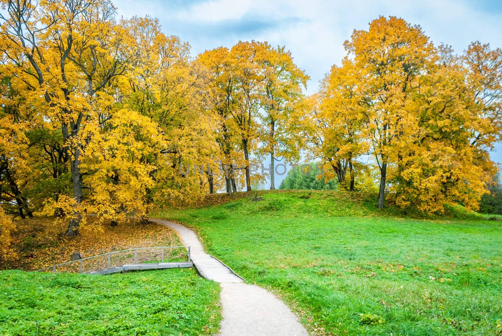 Pedestrian wooden path on a hill near the town of Dubingiai, Lithuania, in autumn. Autumn landscape. Yellow-leaved trees and green grass.