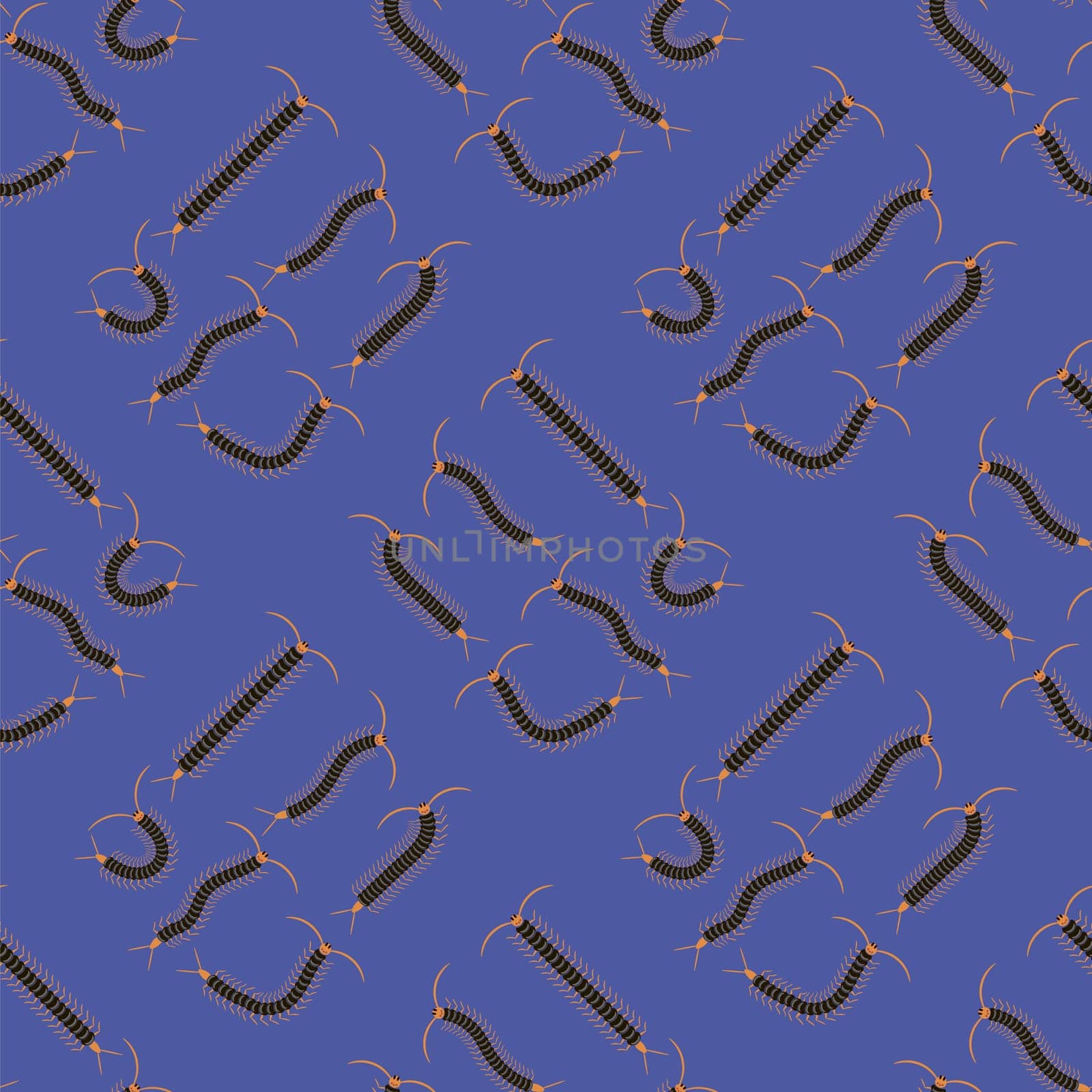Black Cartoon Scolopendra Seamless Pattern Isolated on Blue Background. Giant Sentipede Animal Icon.