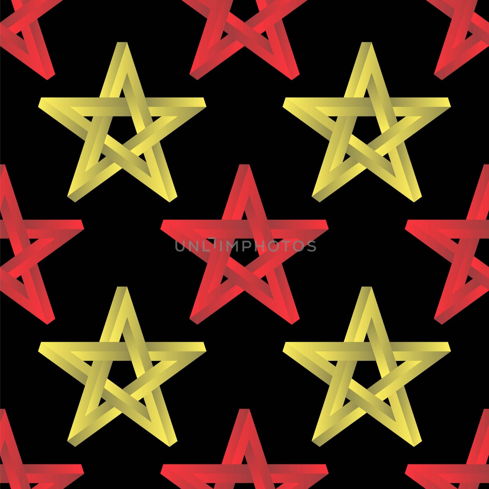 Pentagram sign five pointed star seamless pattern. Magical symbol of faith. Simple yellow red star icon illustration.