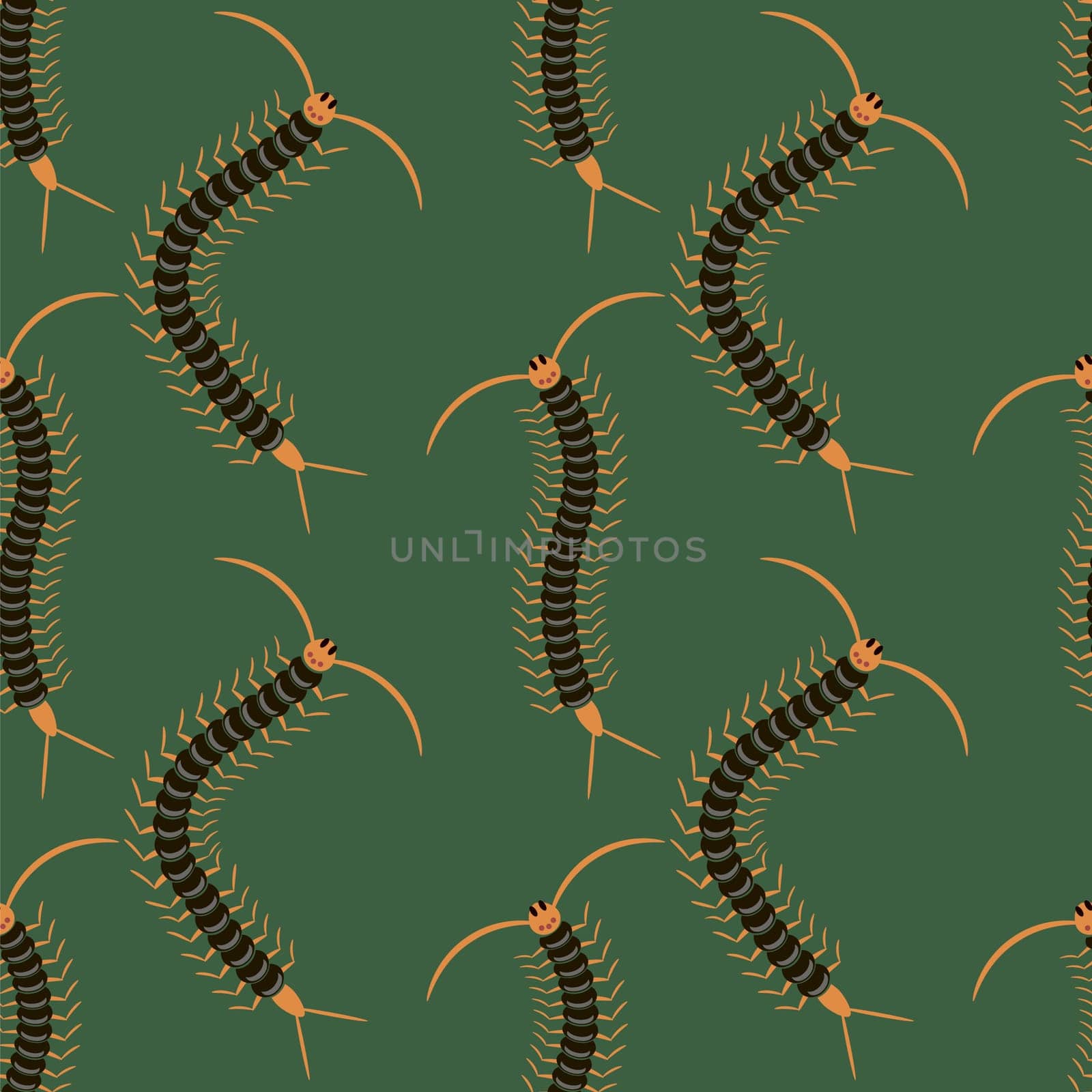 Black Cartoon Scolopendra Isolated on Green Background. Giant Sentipede Animal Icon Seamless Pattern.