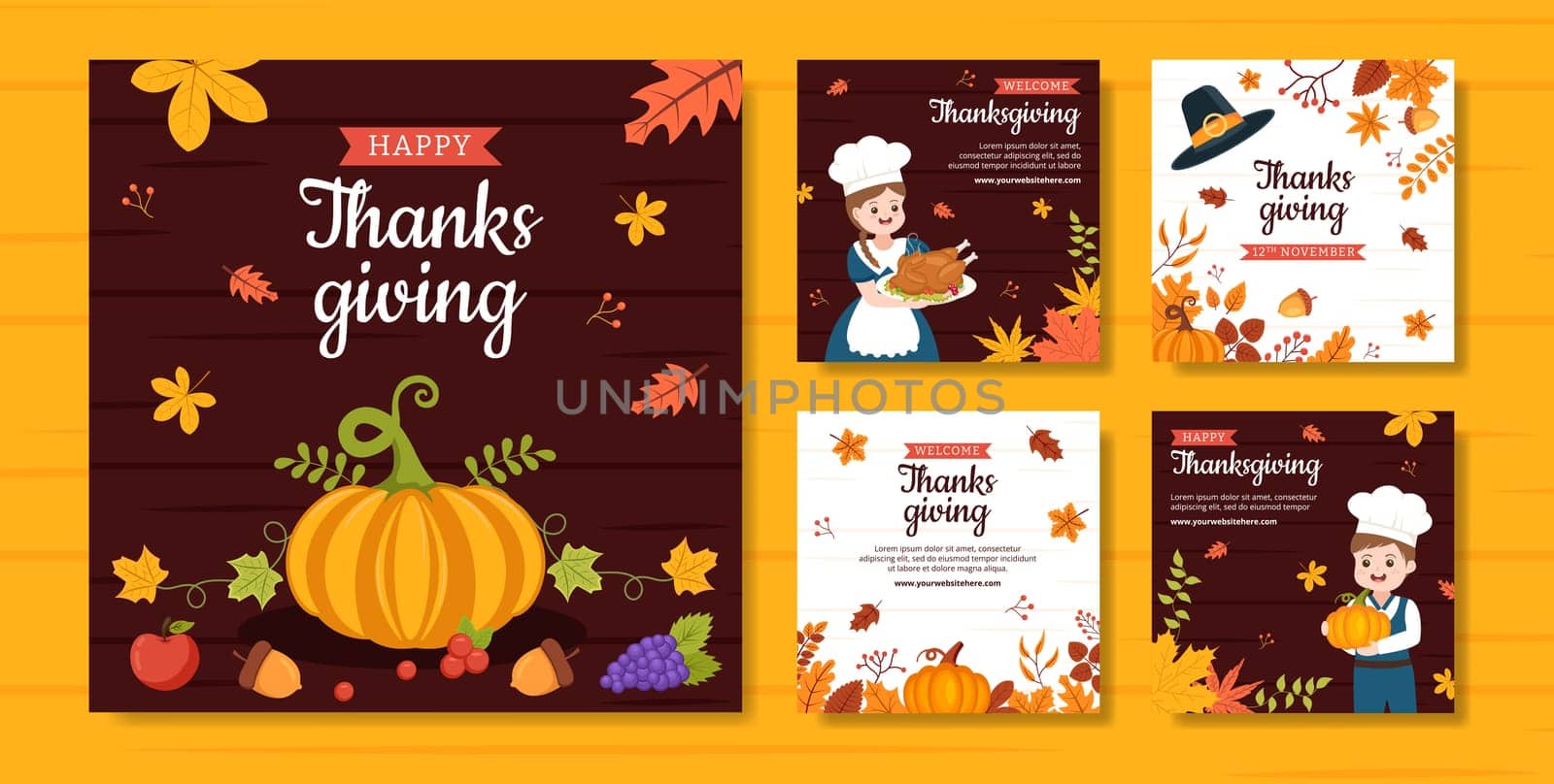 Happy Thanksgiving Celebration Social Media Post Flat Cartoon Hand Drawn Templates Illustration