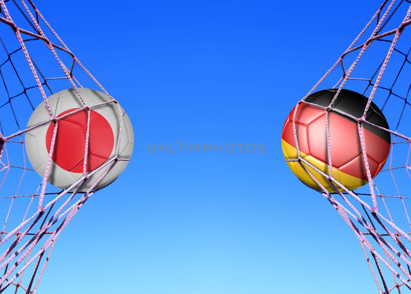 Two soccer balls in flags Japan and Germany , in a net