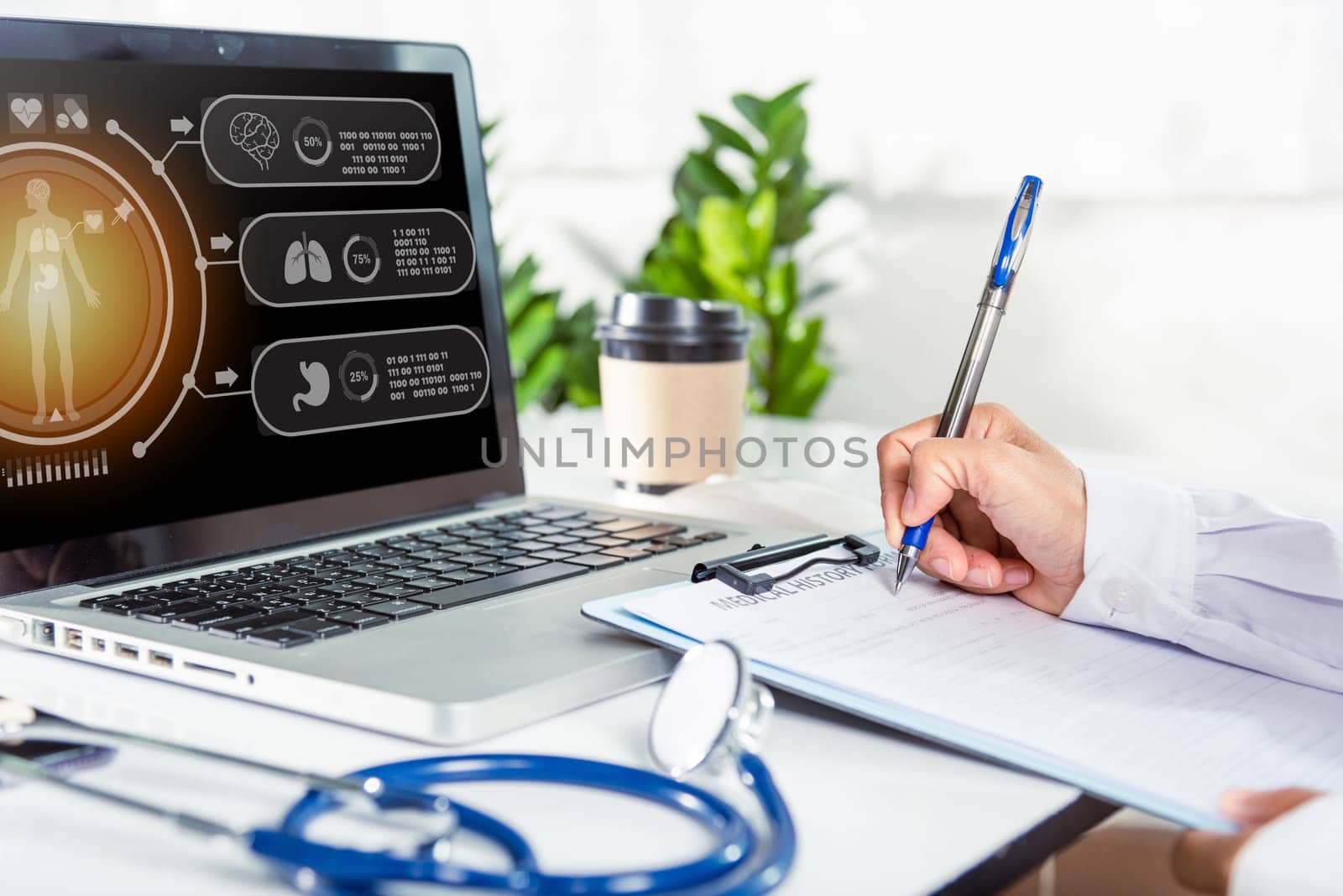 Doctor or nurse in uniform with stethoscope writing something information of patient prescription medical in paperwork checklist on clipboard on front laptop computer, medication history record