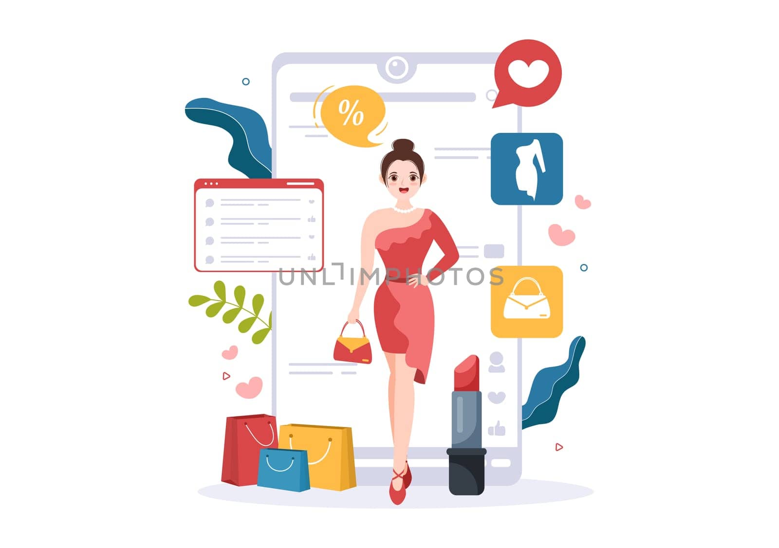 Beauty and Fashion Blog with Bloggers Review Videos of Fashionable Clothes, Cosmetics or Makeup Trends in Cartoon Hand Drawn Template Illustrations