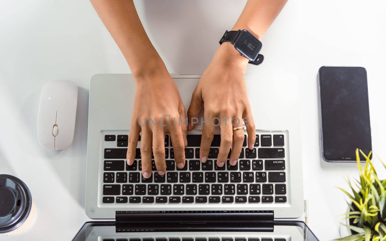 Typing keyboard. Close up Hands of business woman over laptop keypad during working at desk, female person text message for new project she remote work on computer, teen chat online with friend