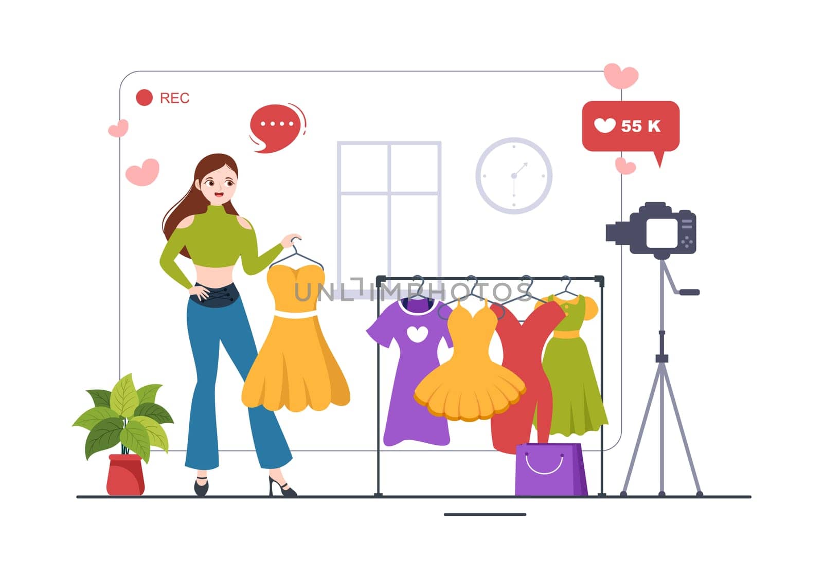 Beauty and Fashion Blog with Bloggers Review Videos of Fashionable Clothes, Cosmetics or Makeup Trends in Cartoon Hand Drawn Template Illustrations