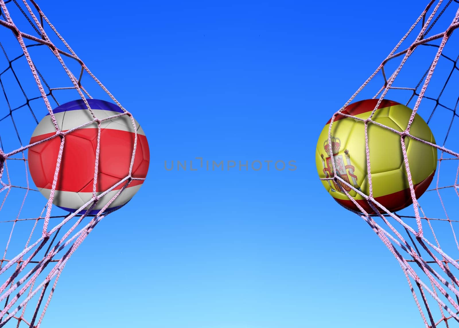 Two soccer balls in flags Costa rica and Spain, in a net