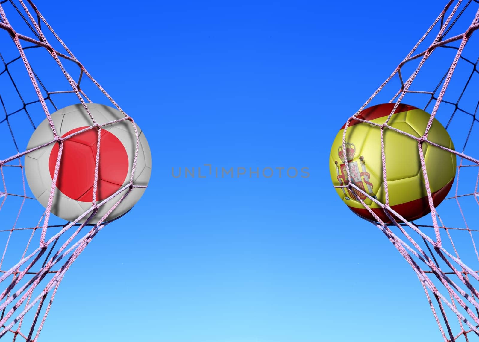 Two soccer balls in flags Japan and Spain, in a net