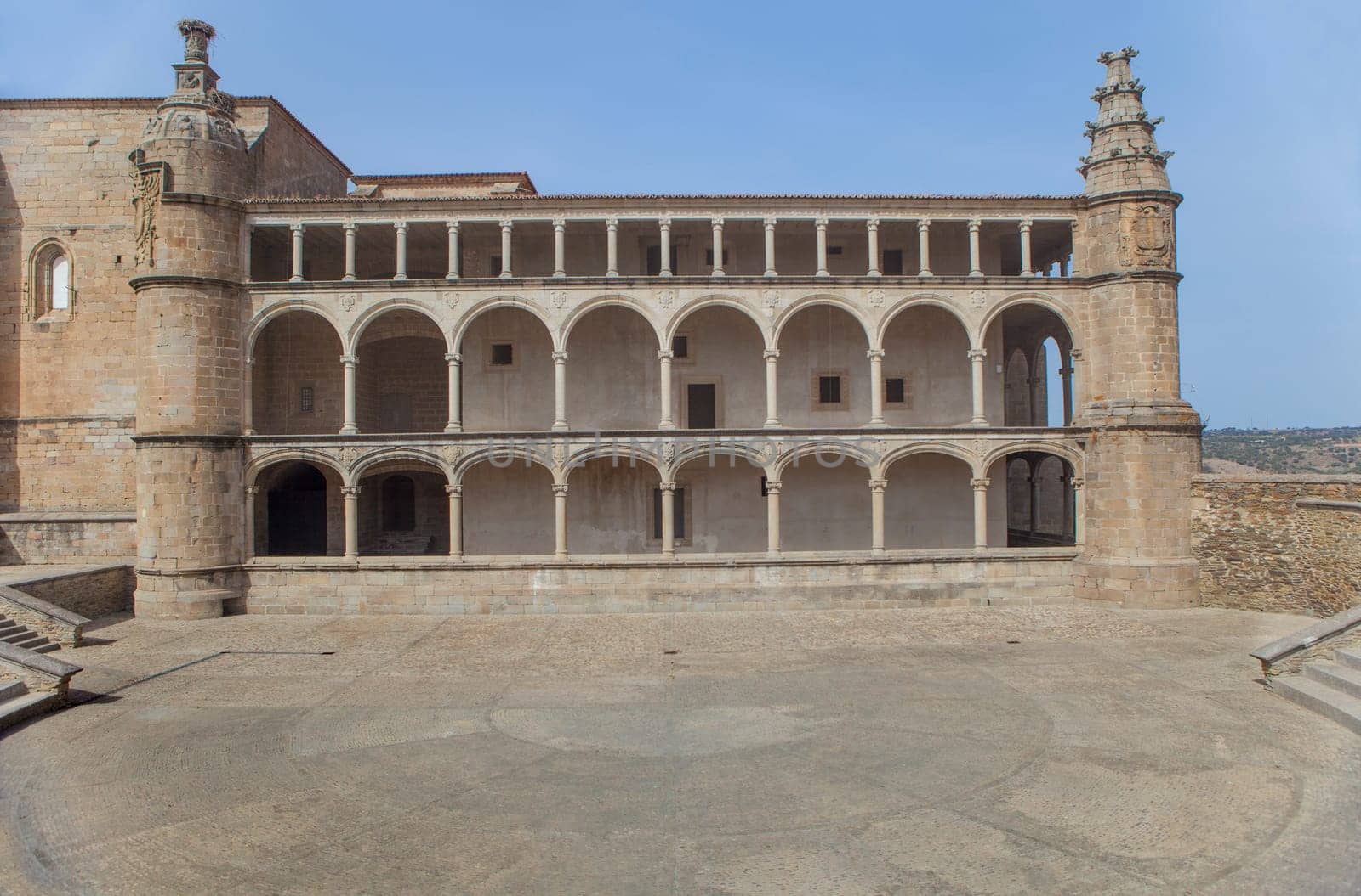 Convent of San Benito, Charles V arcade. Alcantara, Caceres, Extremadura, Spain