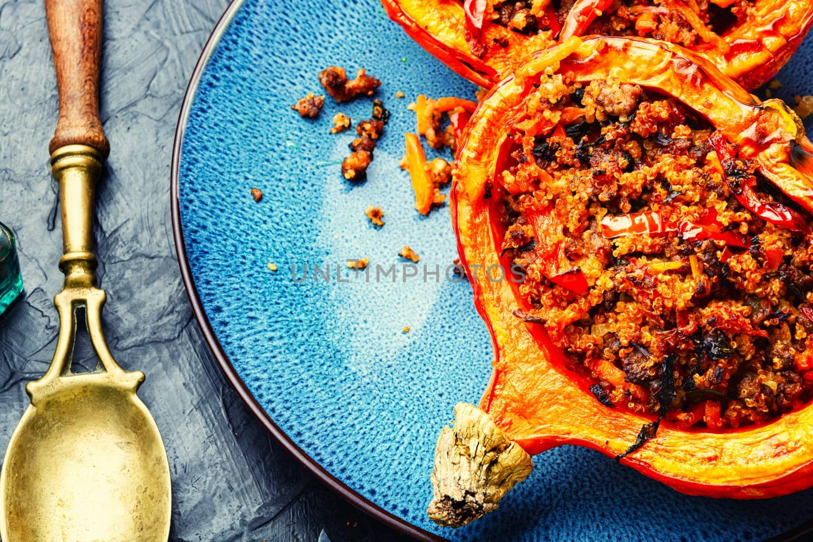 Vegetarian food, pumpkin baked with vegetables.Healthy food