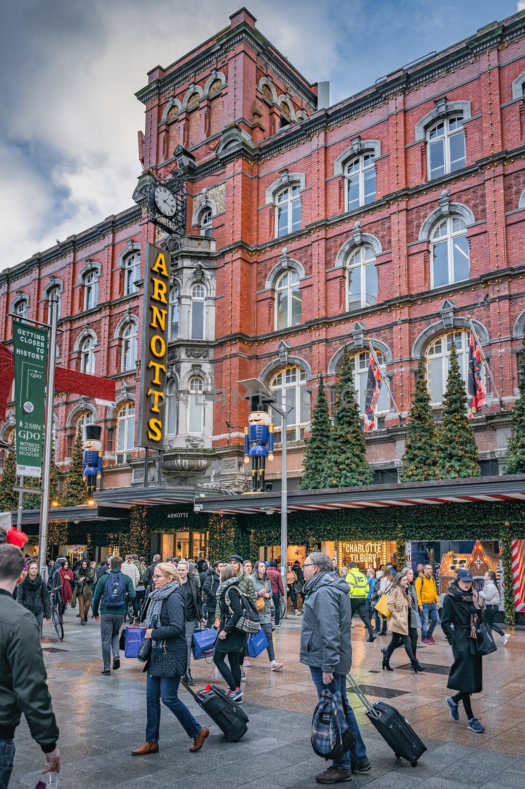 Dublin, November 2019 Arnotts shop on Henry Street decorated for Christmas with people shopping for gifts