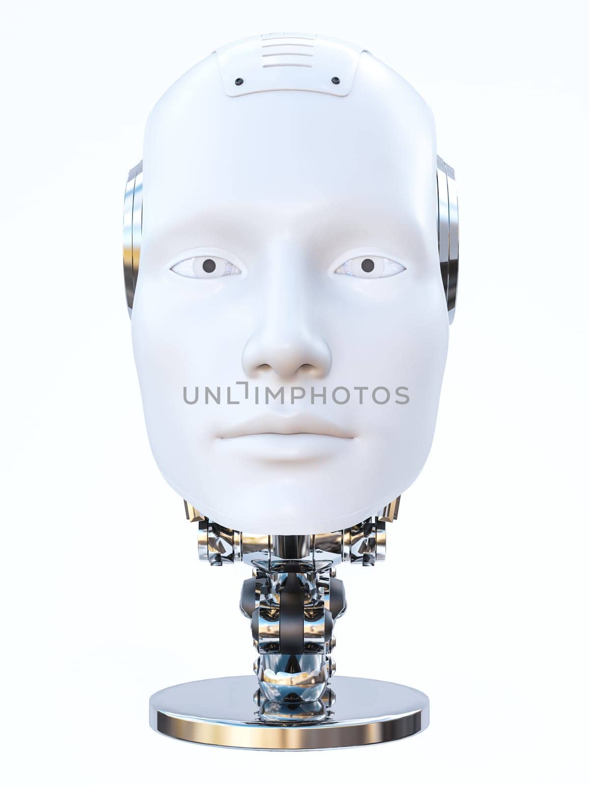 3D rendering of a severed android robot man head with eyes open on a stand or podium. White background. Futuristic ai concept.