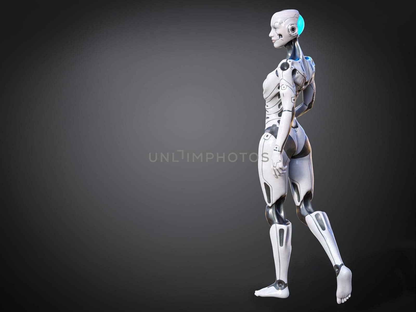 3D rendering of an android robot woman posing with her back against the camera. Greyish background.